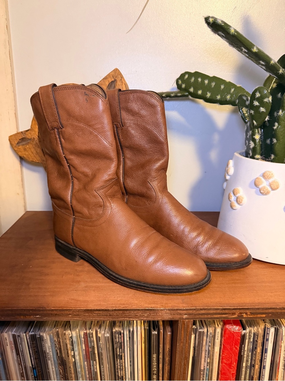 Justin Boots Women's Tan Leather Mid-Calf Western Heeled Boots